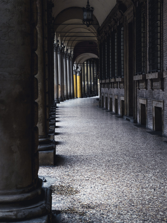 Portico, sheltered walkway, in Bologna with its almost 40 kilometres of porticos. Bologna is a unique city in the world.のeditorial素材