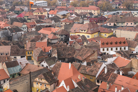Sibiu roof houses viewed from the Evangelical Church.の写真素材