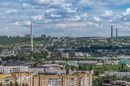 View to the buildings, tailpipes and greenery of Chisinau.のeditorial素材
