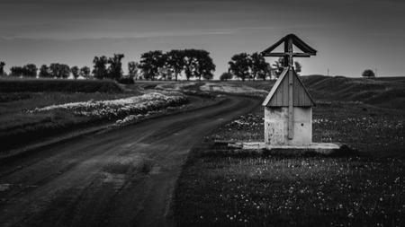 A view to a draw well in a field with flowers.の写真素材