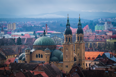 Sibiu Holy Trinity Cathedral viewed from the Evangelical Church.の写真素材