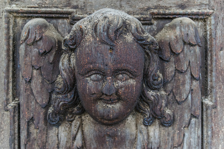 Medieval Gothic Church wooden door detail in Sibiu, Romania.の写真素材