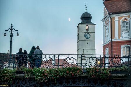 SIBIU, ROMANIA - 30 OCTOBER, 2017: The bridge of lies and the Council tower. in the historical center of Sibiu.のeditorial素材