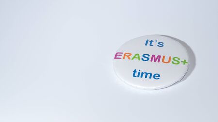 SIBIU, ROMANIA - 17 DECEMBER, 2017: An Erasmus pin encouraging choosing the programme.