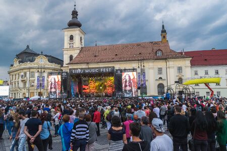 SIBIU, ROMANIA - 9 SEPTEMBER, 2017: A view of thr Big Square during a concert in Sibiu, Romania.のeditorial素材