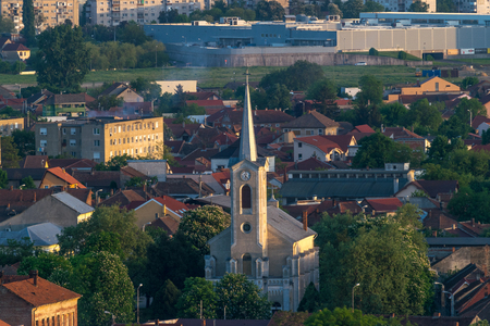 Oradea city viewed from above at sunset, Romania.の写真素材