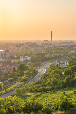 Oradea city viewed from above at sunset, Romania.の写真素材