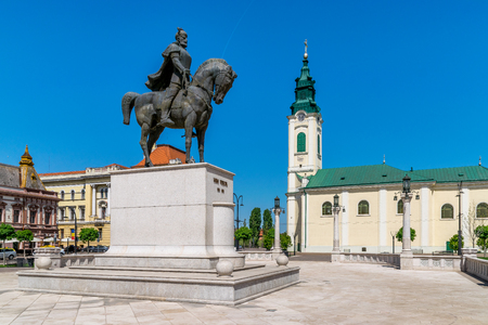 Mihai Viteazu sculpture in the Union Square in Oradea, Romania, Crisana Region.の写真素材