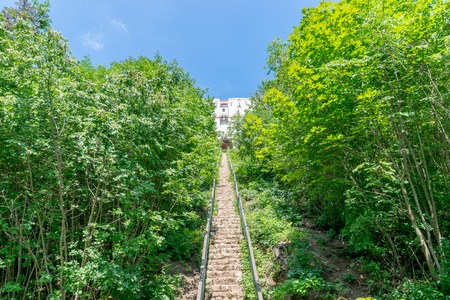 Stairs leading to White Tower in Brasov, Romania.の写真素材