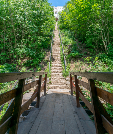 Stairs leading to White Tower in Brasov, Romania.の写真素材