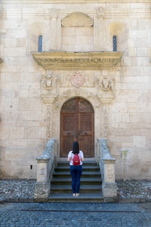 Girl standing in front of the Roman-Catholic Cathedral Saint Michael inside the Citadel Alba-Carolina in Alba Iulia, Romania.の写真素材