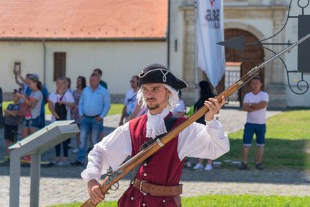 ALBA IULIA, ROMANIA - 11 AUGUST 2018: Soldier inside the Citadel Alba-Carolina in Alba Iulia, Romania.のeditorial素材