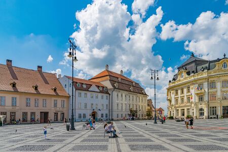 SIBIU, ROMANIA - July 21, 2018: The big square, Sibiu city center, on a sunny summer day with blue sky in Sibiu, Romania.のeditorial素材