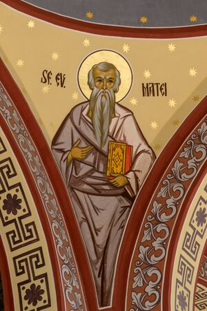 SIBIU, ROMANIA - July 17, 2018: Saint Matthew on the Orthodox Church of Ascension and St. Nicholas in Sibiu, Romania.のeditorial素材