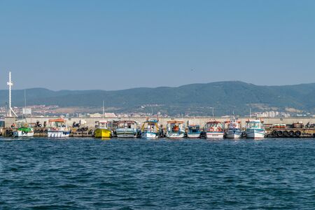 Nessebar, Bulgaria - 7 Sep 2018: Fishing boats at the Harbor Port of Nessebar, one of the major seaside resorts on the Bulgarian Black Sea Coast. Nesebar or Nesebr is a UNESCO World Heritage Site.のeditorial素材