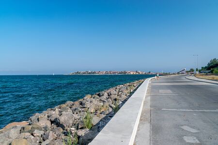 Nessebar, Bulgaria - 2 Sep 2018: The street leading to the Nesebar ancient city, one of the major seaside resorts on the Bulgarian Black Sea Coast. Nessebar or Nesebr is a UNESCO World Heritage Site.のeditorial素材