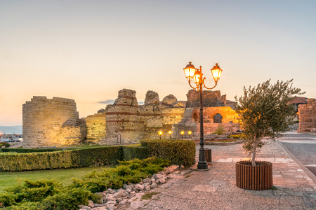 Ancient ruins at the entrance of the Nessebar ancient city at sunrise on the Bulgarian Black Sea Coast.の写真素材