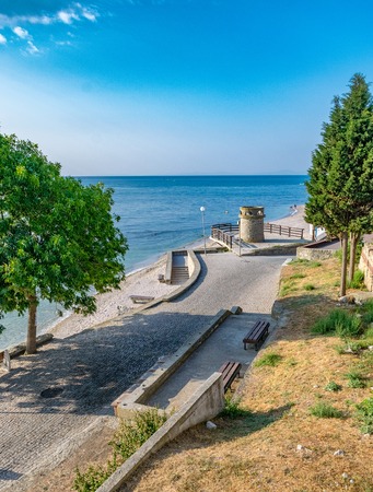 A beautiful street and the beach in Nessebar ancient city on the Bulgarian Black Sea Coast.の写真素材