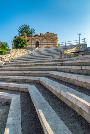 The Church of St John Aliturgetos and the Ancient Theatre in Nessebar ancient city on the Bulgarian Black Sea Coast.の写真素材