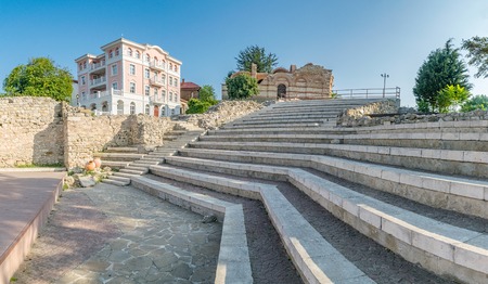 Panorama of the Church of St John Aliturgetos and the Ancient Theatre in Nessebar ancient city on the Bulgarian Black Sea Coast.の写真素材