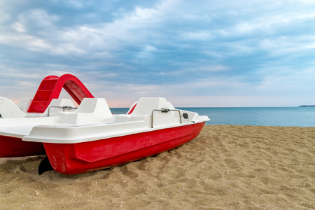 A pedal boat at the beach in Sunny Beach on the Black Sea coast of Bulgaria.の写真素材