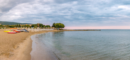 Sunrise at the beach in Sunny Beach on the Black Sea coast of Bulgaria. Panoramic view.の写真素材