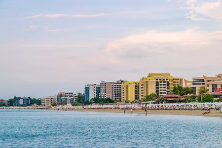 Sunny Beach, Bulgaria - 5 Sep 2018: Sunny Beach coastline at sunrise, a major seaside resort on the Black Sea coast of Bulgaria.のeditorial素材