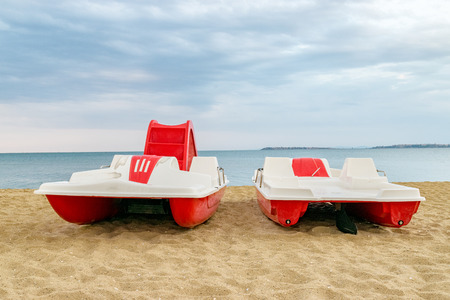 A pedal boat at the beach in Sunny Beach on the Black Sea coast of Bulgaria.の写真素材