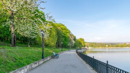 Valea Morilor park with Valea Morilor lake in Chisinau, Moldova on a sunny spring day. It is one of the most popular parks in Chisinau, Moldova.の写真素材