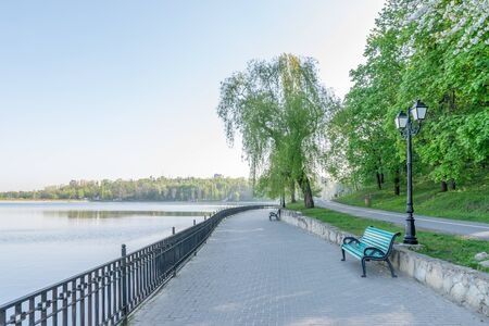 Valea Morilor park with Valea Morilor lake in Chisinau, Moldova on a sunny spring day. It is one of the most popular parks in Chisinau, Moldova.の写真素材
