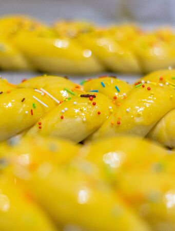 Traditional Cozonac or Kozunak, Pasqua, Choreg ready to bake. It is a type of Stollen or sweet leavened bread prepared for Easter and for every major holiday in Bulgaria, Romania, and Moldova.の写真素材