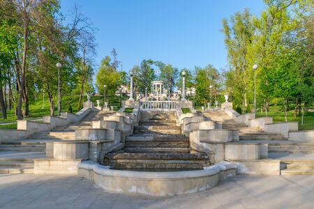 Chisinau, Moldova - View of the Scara Cascadelor landmark in Valea Morilor Park one of the most popular parks in Chisinau, Republic of Moldova on a sunny summer day with blue sky.の写真素材