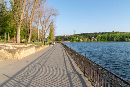 CHISINAU, MOLDOVA - March 25, 2019: Valea Morilor park with Valea Morilor lake in Chisinau, Moldova on a sunny spring day. It is one of the most popular parks in Chisinau, Moldova.のeditorial素材