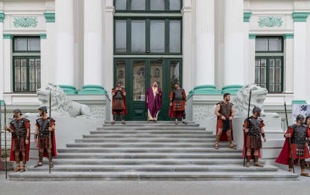 CHISINAU, MOLDOVA - March 24, 2019: Roman soldier performance in front of the Organ Hall in Chisinau, Republic of Moldova.のeditorial素材