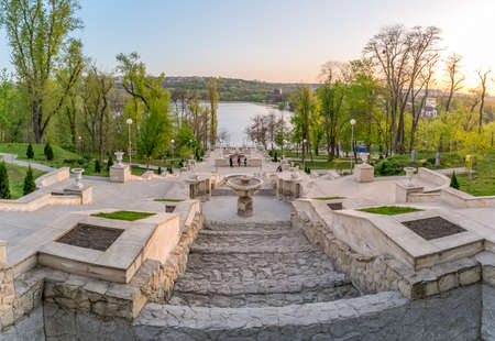 CHISINAU, MOLDOVA - March 24, 2019: Chisinau, Moldova - Scara Cascadelor landmark in Valea Morilor Park with the Valea Morilor lake in Chisinau, Republic of Moldova.のeditorial素材