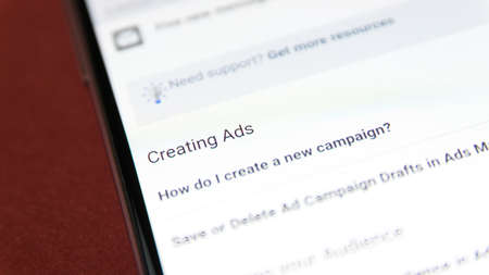 CLUJ, ROMANIA - NOV 06, 2019: Creating Ads in Facebook settings menu. Creating ads illustrative editorial.のeditorial素材