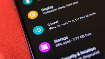CLUJ, ROMANIA - JUL 15, 2019: Sound in the Android 9 settings menu. Sound illustrative editorial.のeditorial素材