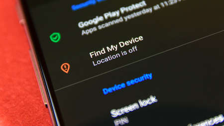 CLUJ, ROMANIA - JUL 15, 2019: Find my device in the Android 9 settings menu. Find my device illustrative editorial.のeditorial素材