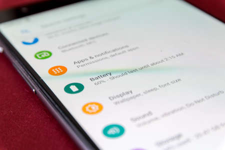 CLUJ, ROMANIA - JUL 17, 2019: Battery in the Android 9 settings menu. Battery illustrative editorial.のeditorial素材