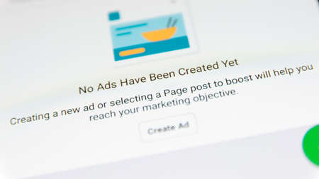 CLUJ, ROMANIA - NOV 06, 2019: Ads in Facebook Pages menu. Facebook ads illustrative editorial.のeditorial素材