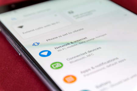 CLUJ, ROMANIA - JUL 17, 2019: Network & internet in the Android 9 settings menu. Network & internet illustrative editorial.のeditorial素材