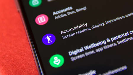 CLUJ, ROMANIA - JUL 15, 2019: Accessibility in the Android 9 settings menu. Accessibility  illustrative editorial.のeditorial素材