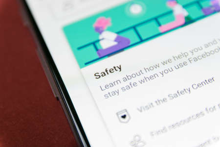 CLUJ, ROMANIA - NOV 06, 2019: Safety in Facebook settings menu. Facebook safety illustrative editorial.のeditorial素材