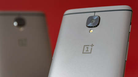 CLUJ, ROMANIA - JUL 15, 2019: OnePlus logo on one of the company phones. OnePlus illustrative editorial. OnePlus logo on the OnePlus 3T phone.のeditorial素材