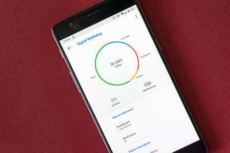 CLUJ, ROMANIA - JUL 15, 2019: Digital wellbeing setting on the Android operating system. Digital wellbeing illustrative editorial. Phone addiction and usage concept.のeditorial素材