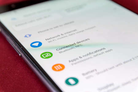 CLUJ, ROMANIA - JUL 17, 2019: Connected devices in the Android 9 settings menu. Connected devices illustrative editorial.のeditorial素材