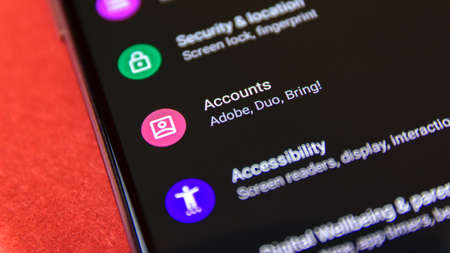 CLUJ, ROMANIA - JUL 15, 2019: Accounts in the Android 9 settings menu. Accounts illustrative editorial.のeditorial素材