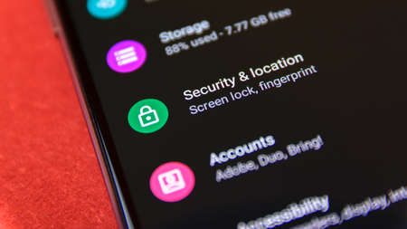 CLUJ, ROMANIA - JUL 15, 2019: Security & location in the Android 9 settings menu. Security & location illustrative editorial.のeditorial素材