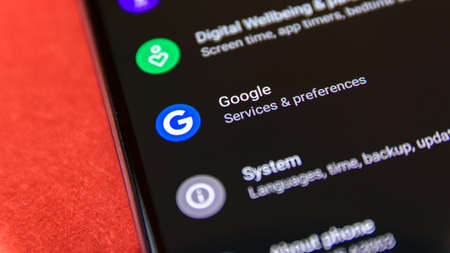 CLUJ, ROMANIA - JUL 15, 2019: Google in the Android 9 settings menu. Google illustrative editorial.のeditorial素材