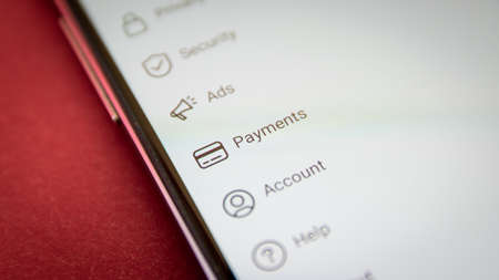 CLUJ, ROMANIA - NOV 06, 2019: Payments in the Instagram settings menu. Payments illustrative editorial.のeditorial素材